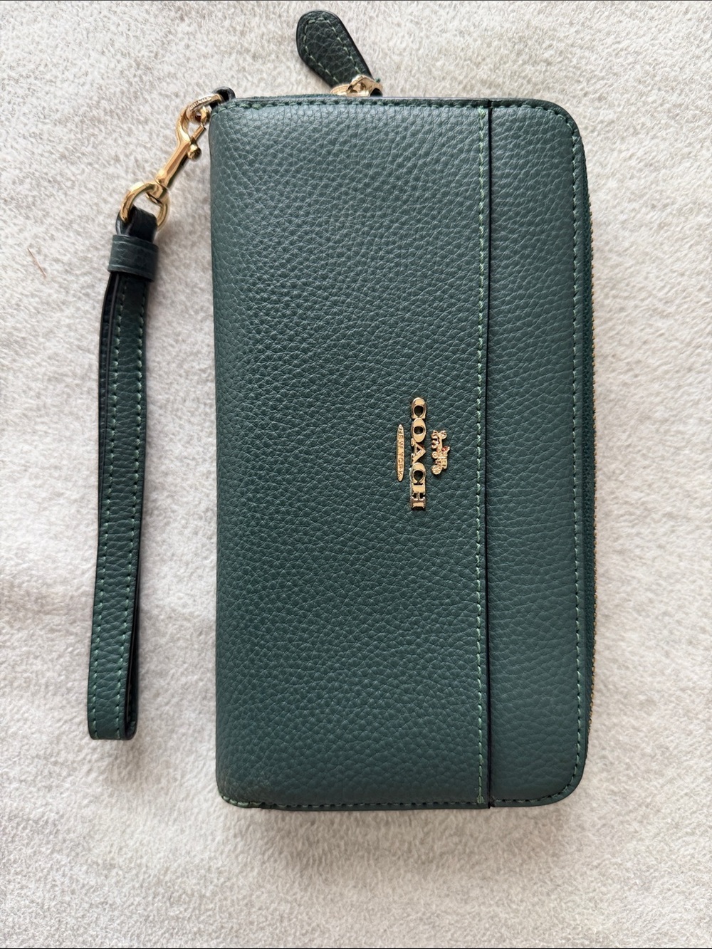 Coach Dark Green Pebbled Leather Wristlet Clutch with Gold Hardware